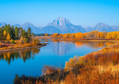 США, осень, горы, парки, реки, Гранд-Титоны, голубые, оранжевые