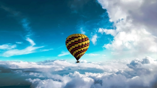 небо, облака, воздушный шар, полёт, голубые, жёлтые, белые