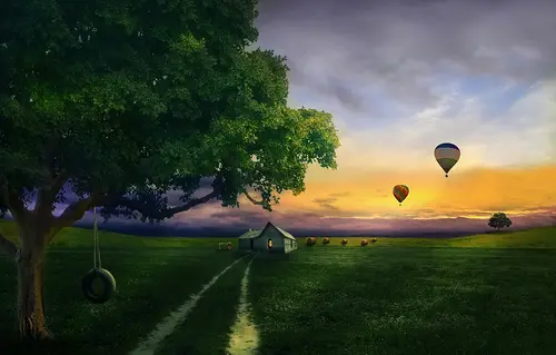 природа, поле, дом, дерево, небо, воздушный шар, зелёные, серые